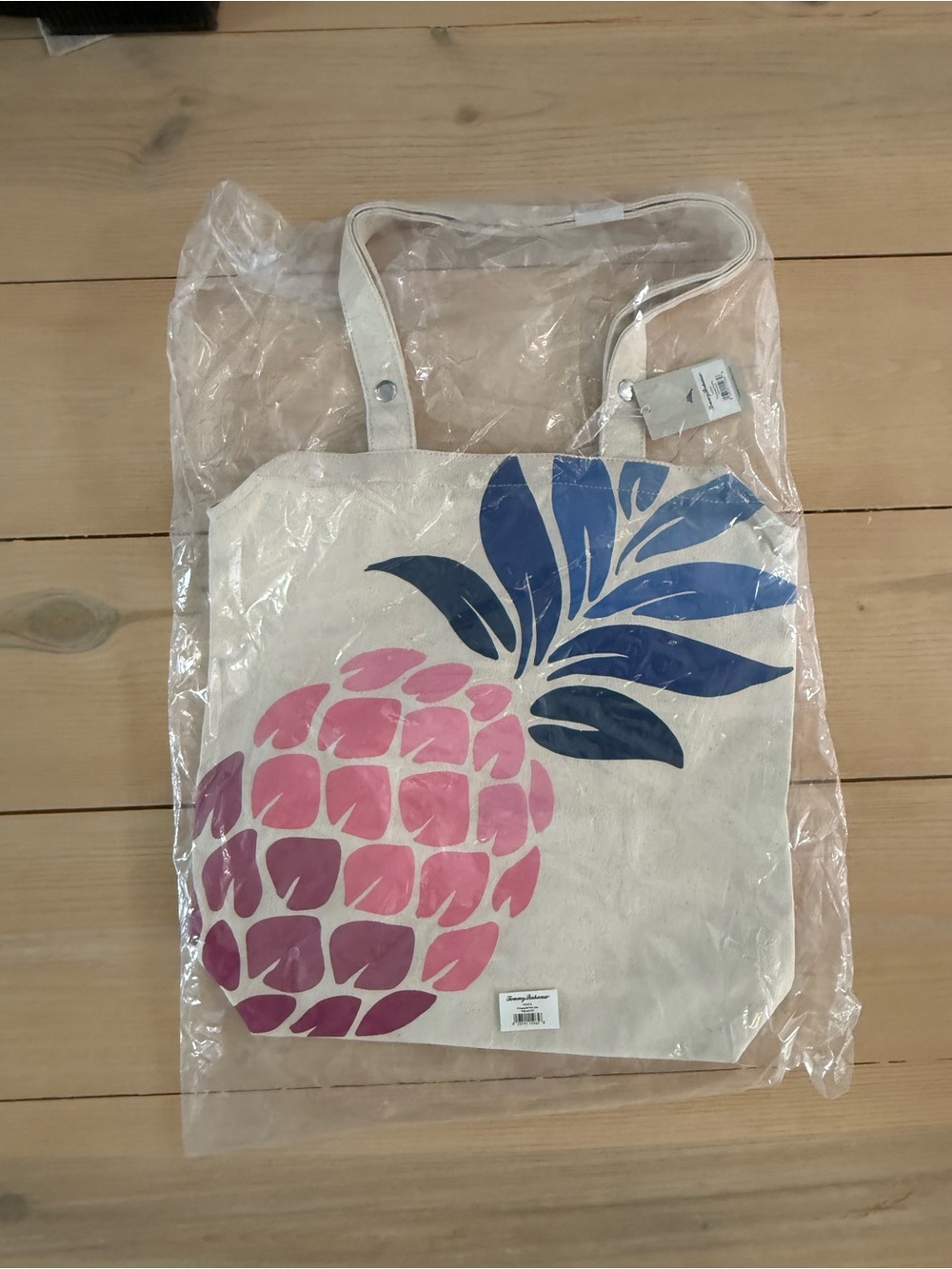 Tommy Bahama Natural Canvas Tote with Pink Pineapple Print